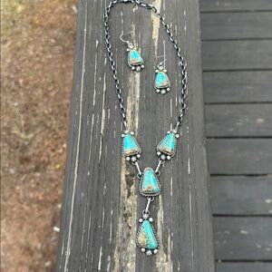 Navajo Augustine Largo Mine 8 Turquoise & Sterling Silver Lariat w Earrings Set